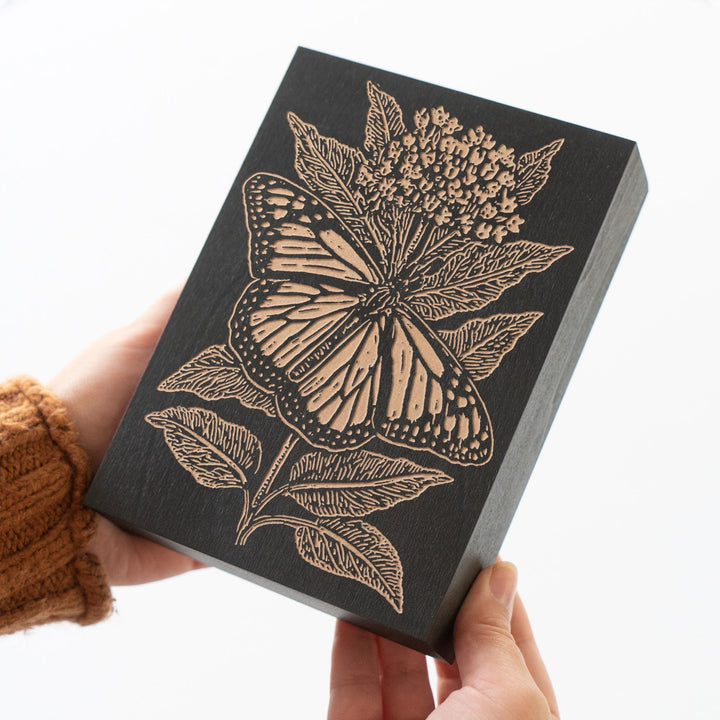 Monarch on Milkweed Engraved Wood Panel