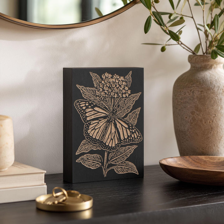 Monarch on Milkweed Engraved Wood Panel