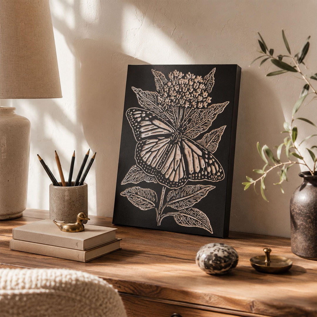 Monarch on Milkweed Engraved Wood Panel
