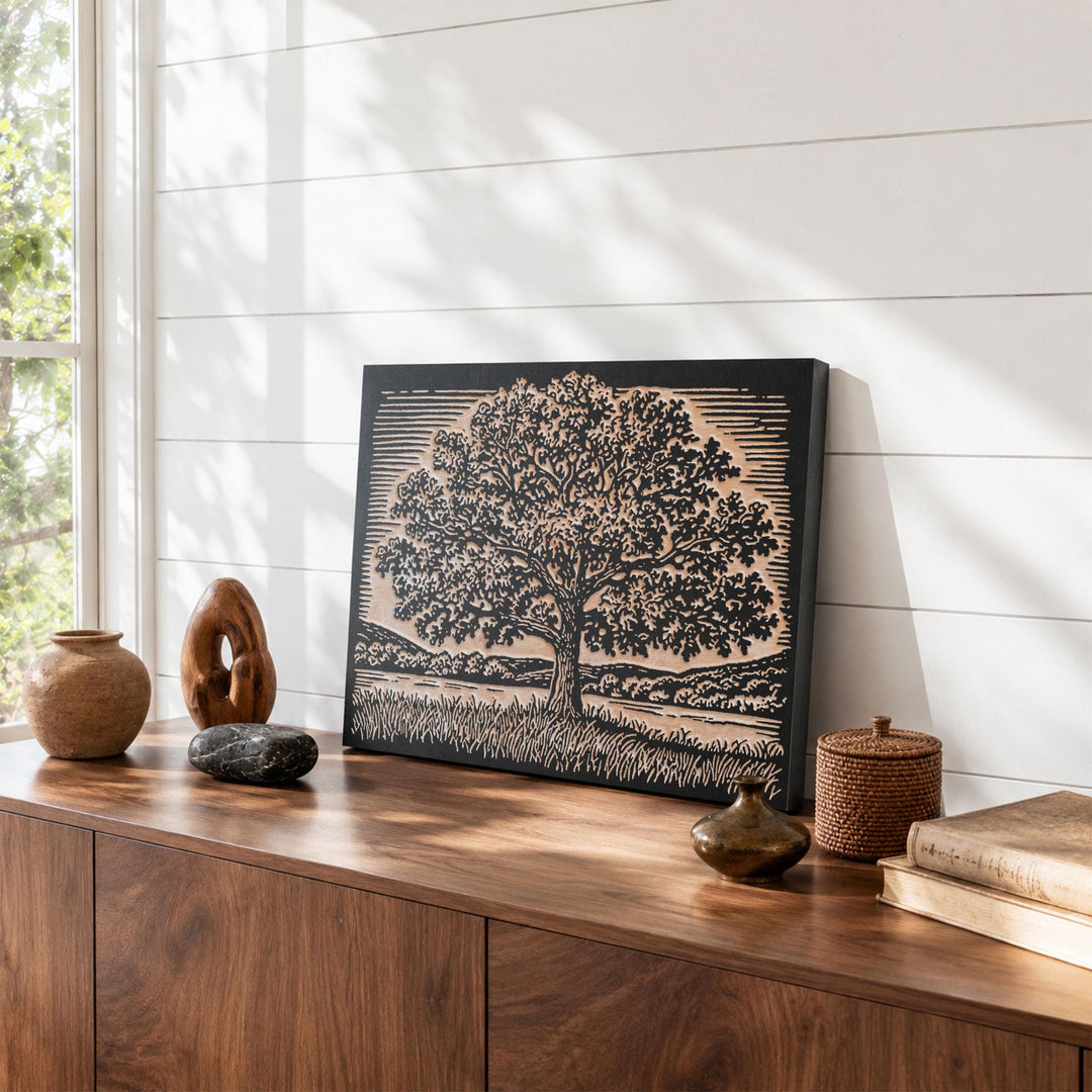 Oak Tree in Field Engraved Wood Panel