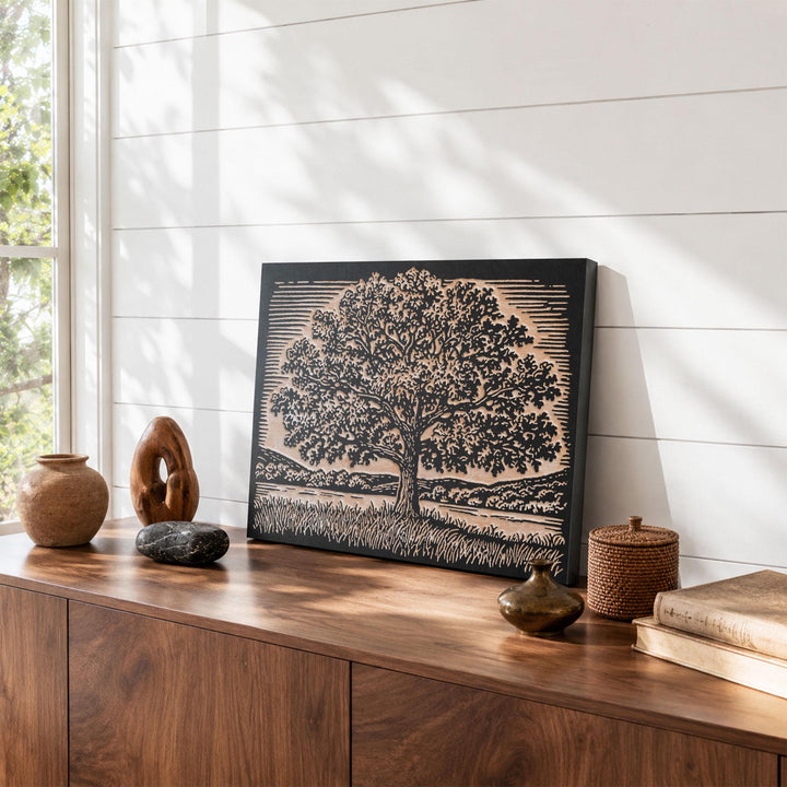 Oak Tree in Field Engraved Wood Panel