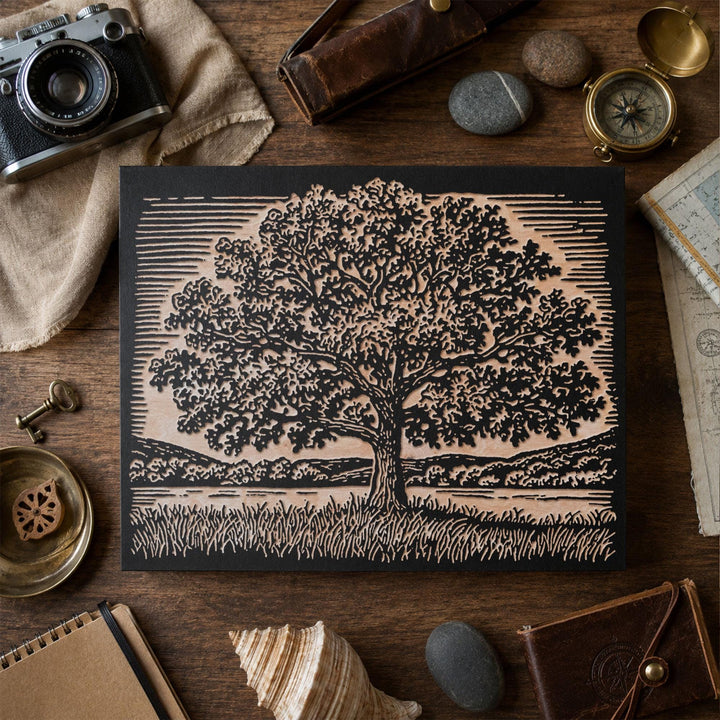 Oak Tree in Field Engraved Wood Panel