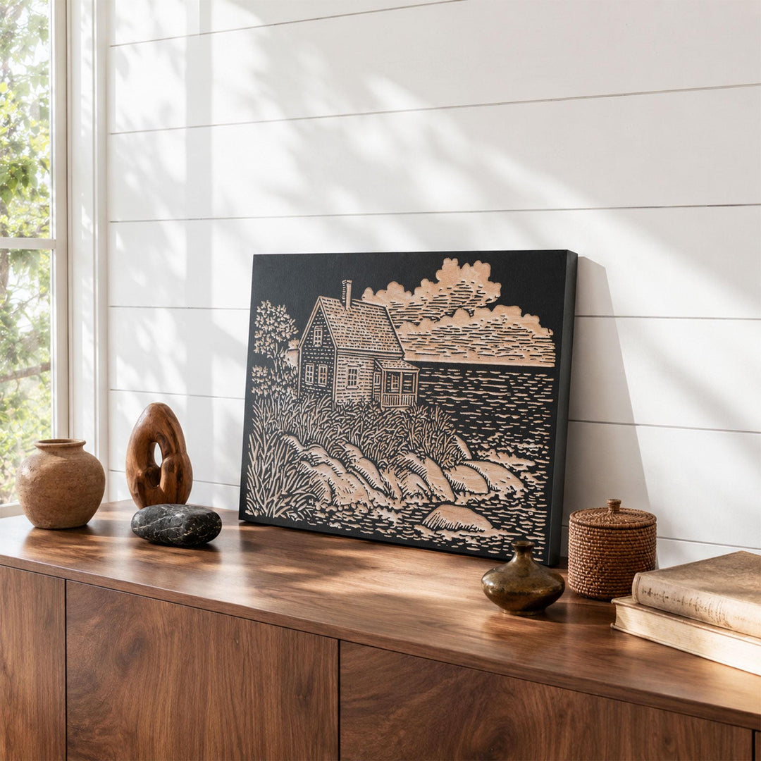 Shingled Coastal Cottage Engraved Wood Panel