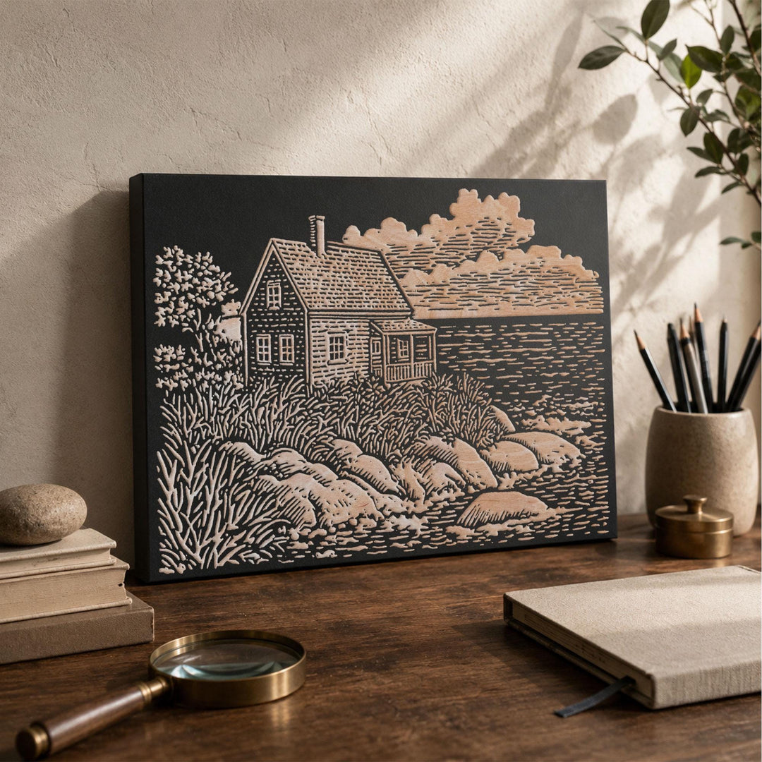 Shingled Coastal Cottage Engraved Wood Panel