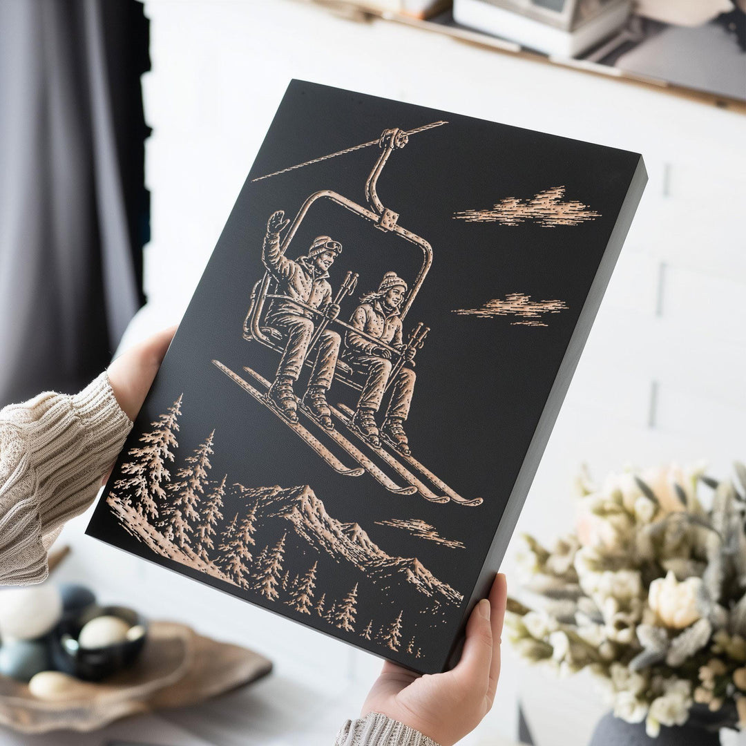 Ski Couple on Chairlift Engraved Wood Panel