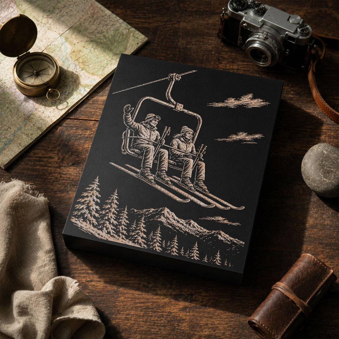 Ski Couple on Chairlift Engraved Wood Panel