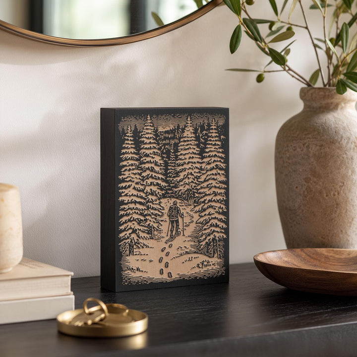 Snowshoer in Winter Woods Engraved Wood Panel