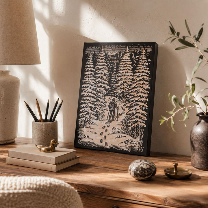 Snowshoer in Winter Woods Engraved Wood Panel