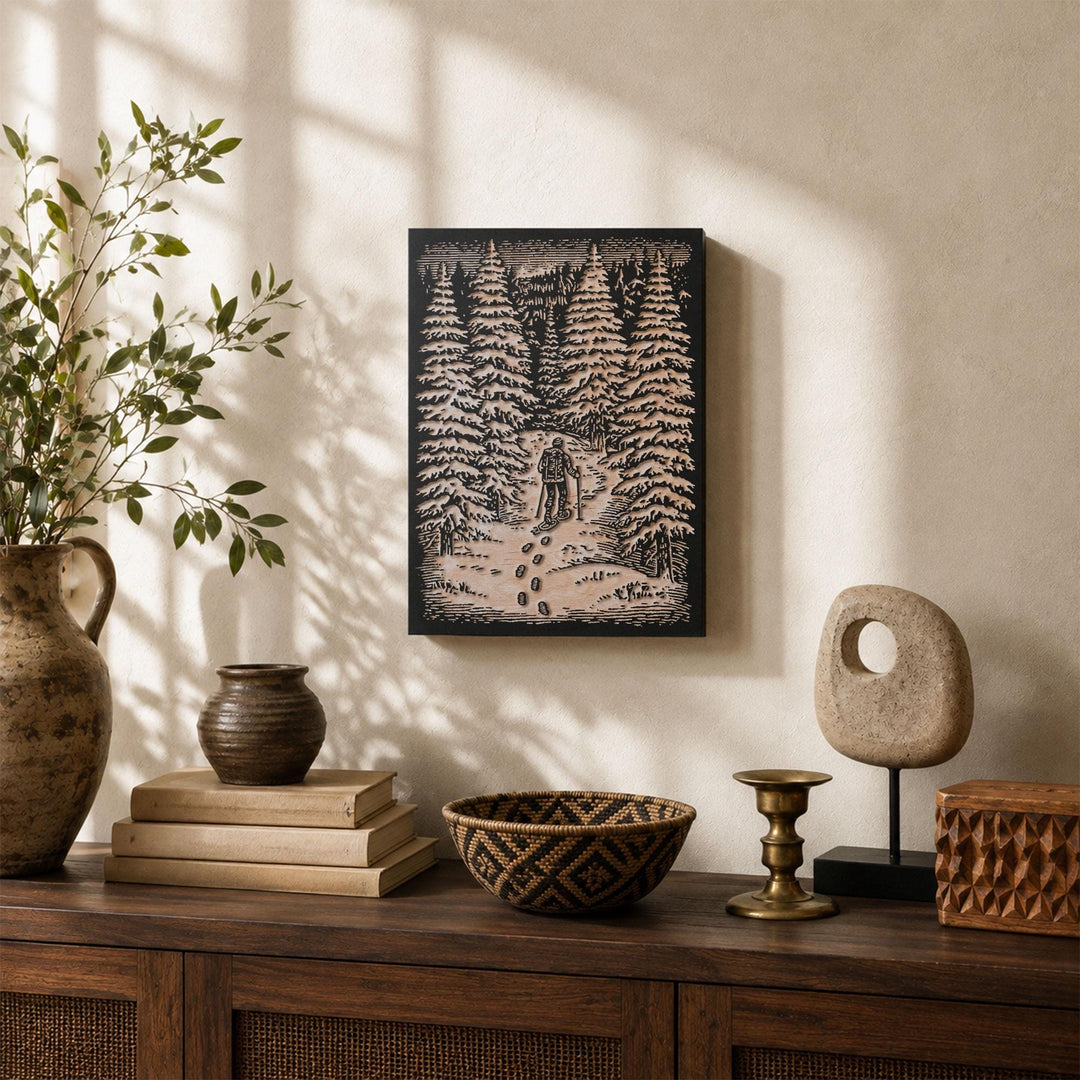 Snowshoer in Winter Woods Engraved Wood Panel