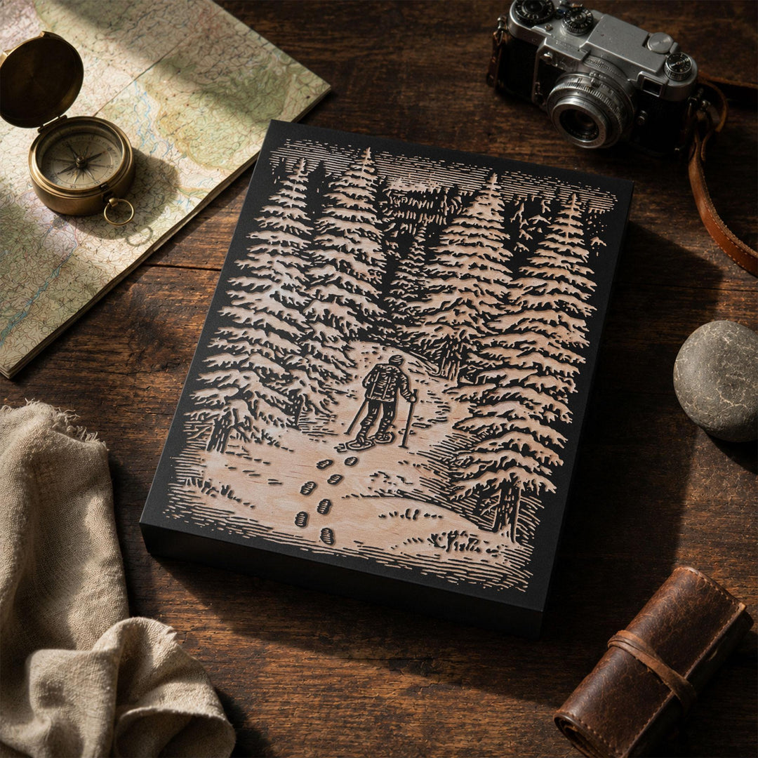 Snowshoer in Winter Woods Engraved Wood Panel