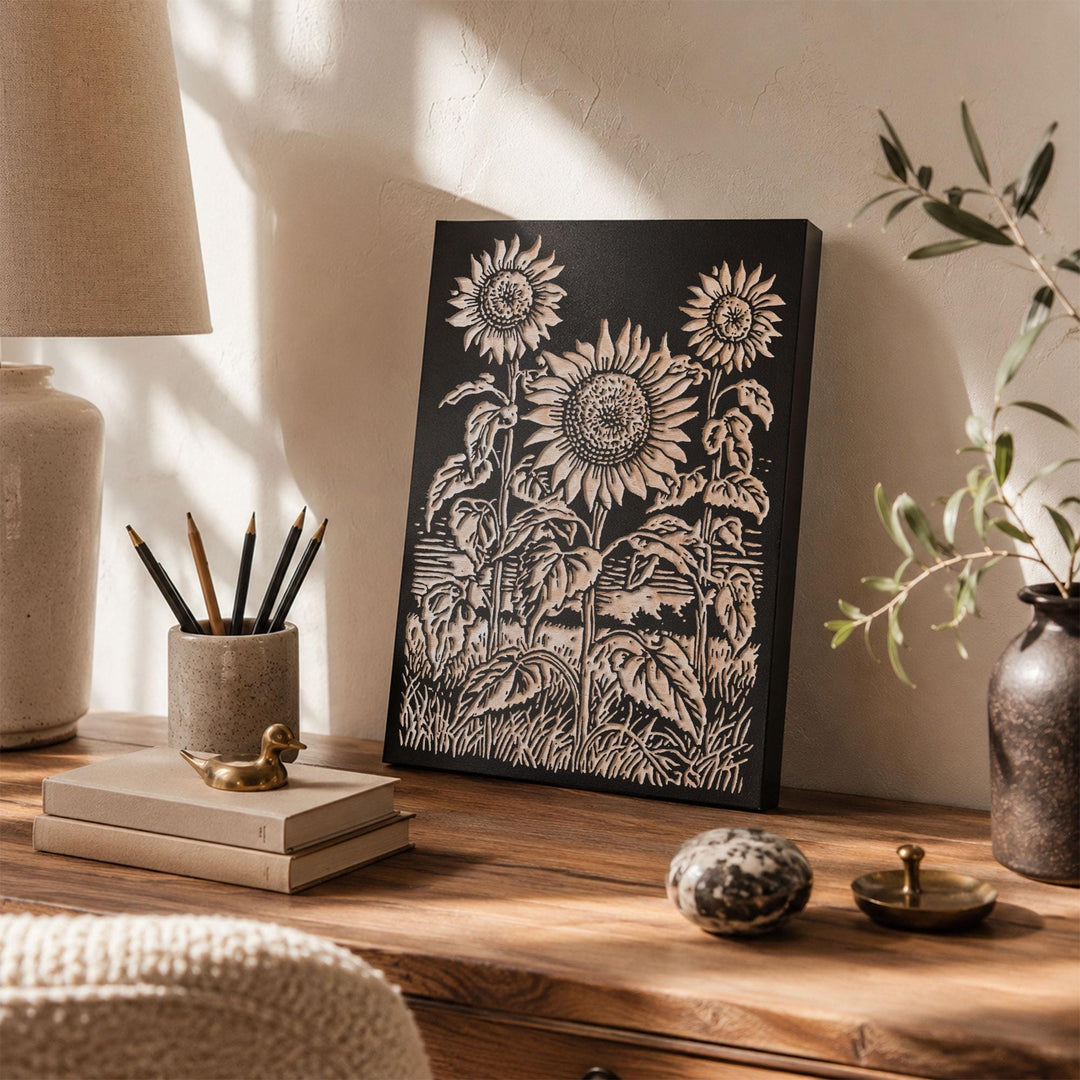 Sunflower Field Engraved Wood Panel