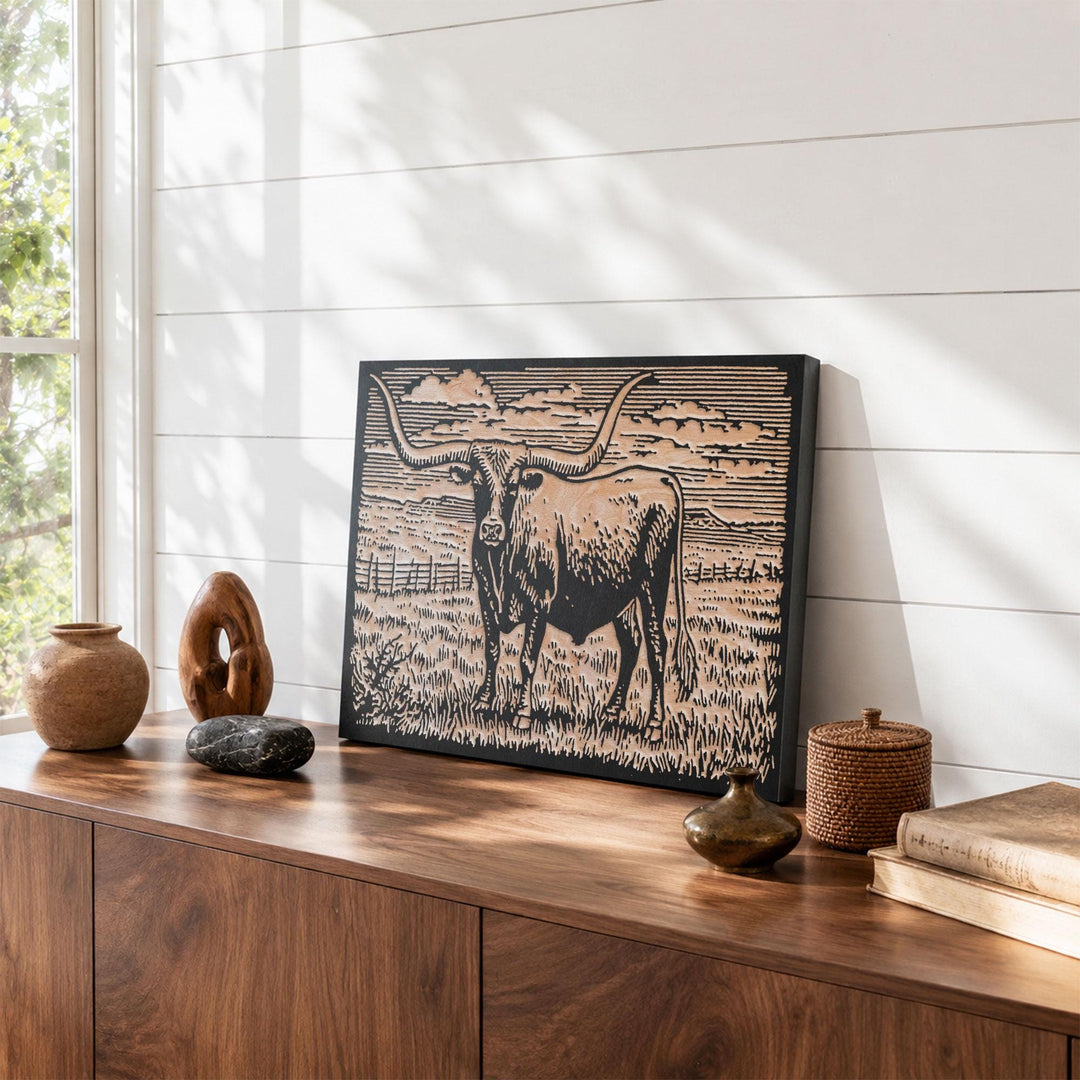 Texas Longhorn Engraved Wood Panel
