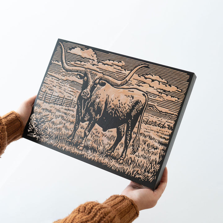 Texas Longhorn Engraved Wood Panel