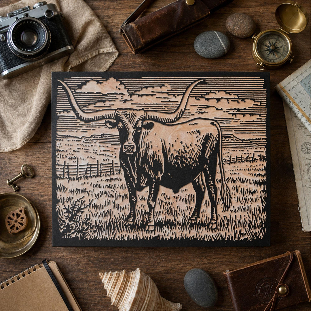 Texas Longhorn Engraved Wood Panel