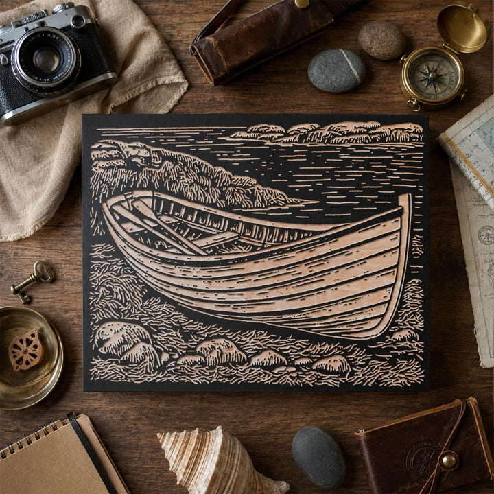 Wooden Dory on Rocky Coast Engraved Wood Panel