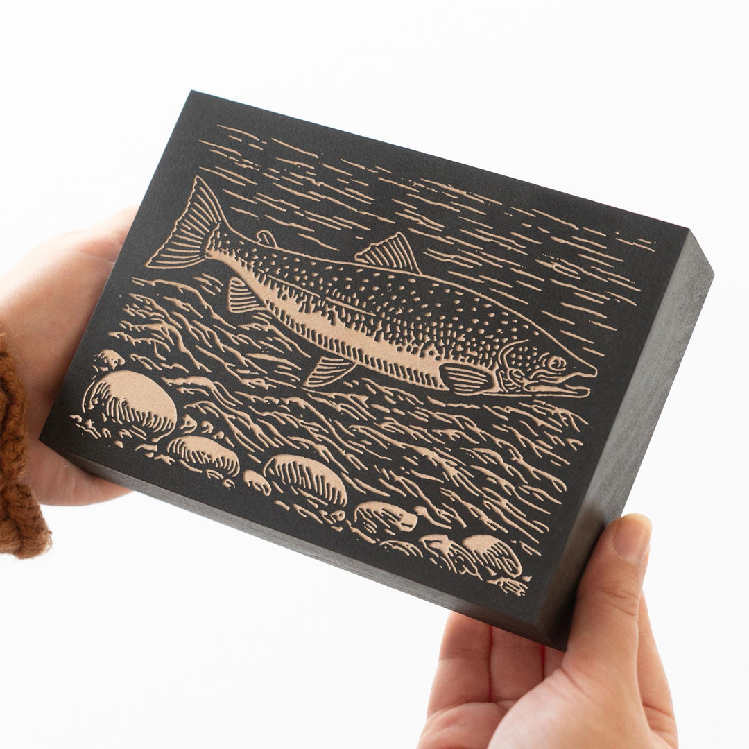Atlantic Salmon Swimming Engraved Wood Panel