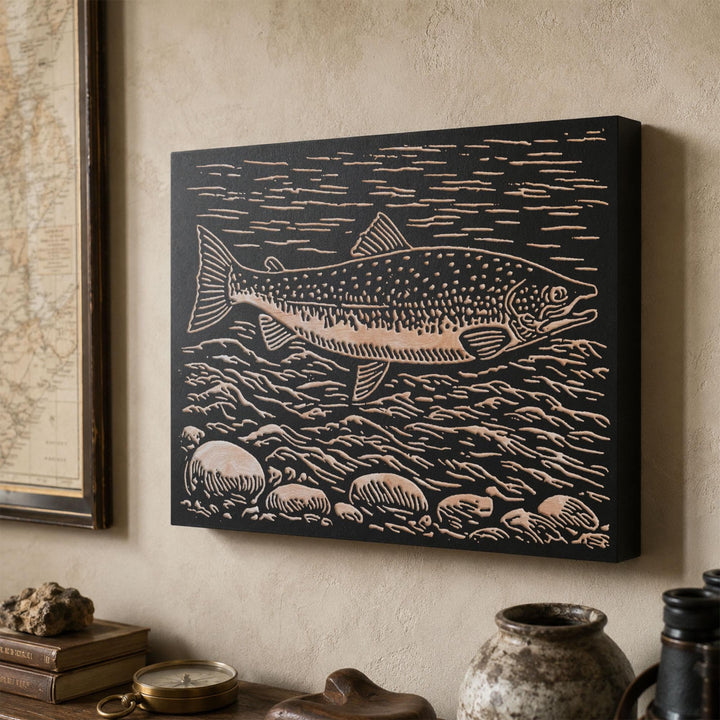 Atlantic Salmon Swimming Engraved Wood Panel