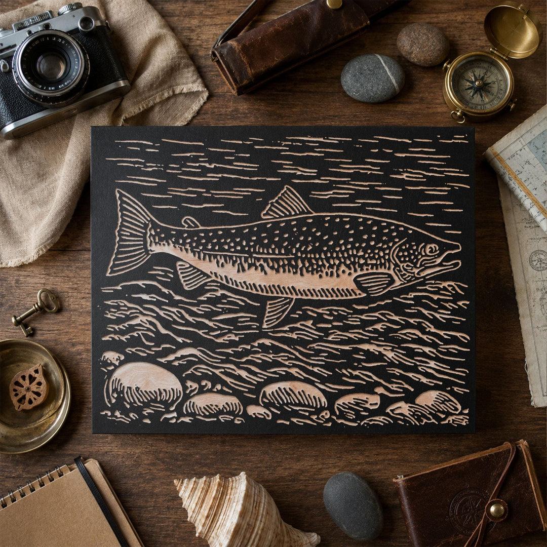 Atlantic Salmon Swimming Engraved Wood Panel