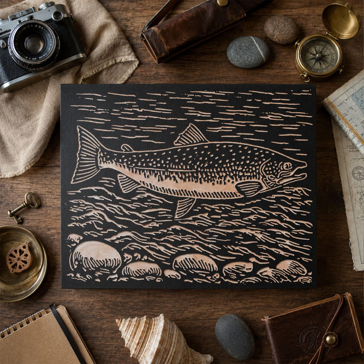 Atlantic Salmon Swimming Engraved Wood Panel