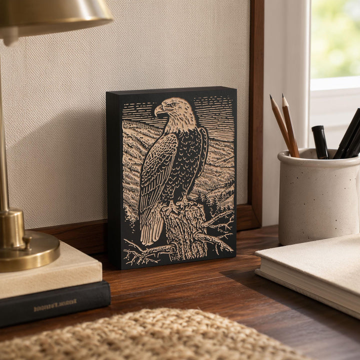 Bald Eagle on Dead Pine Engraved Wood Panel