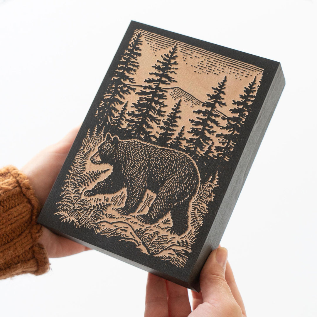 Black Bear in Pines Engraved Wood Panel