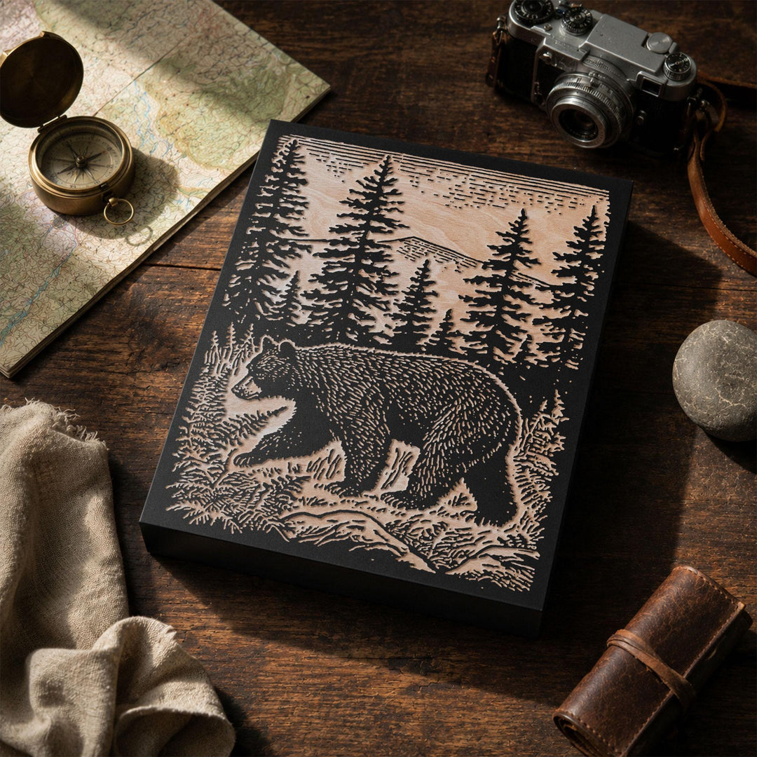 Black Bear in Pines Engraved Wood Panel