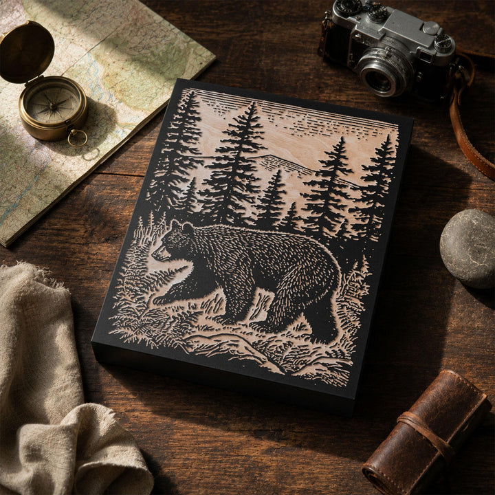 Black Bear in Pines Engraved Wood Panel