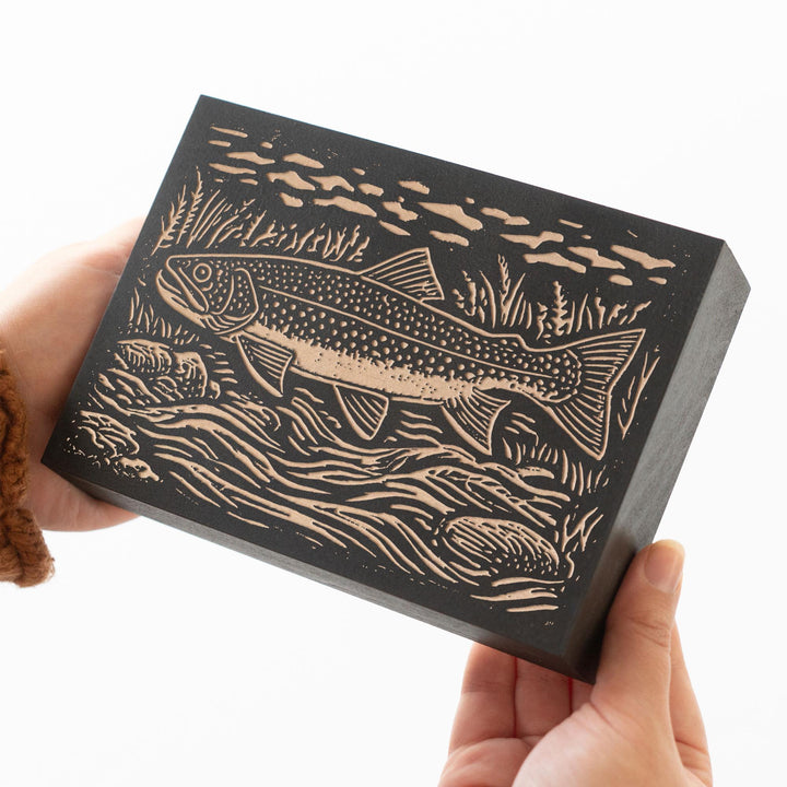 Brook Trout in River Engraved Wood Panel