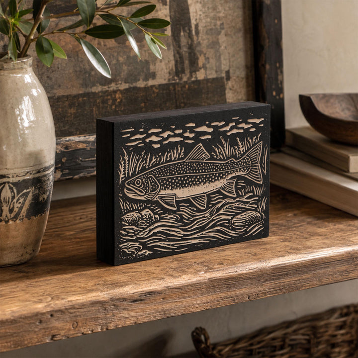 Brook Trout in River Engraved Wood Panel