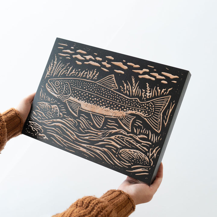 Brook Trout in River Engraved Wood Panel