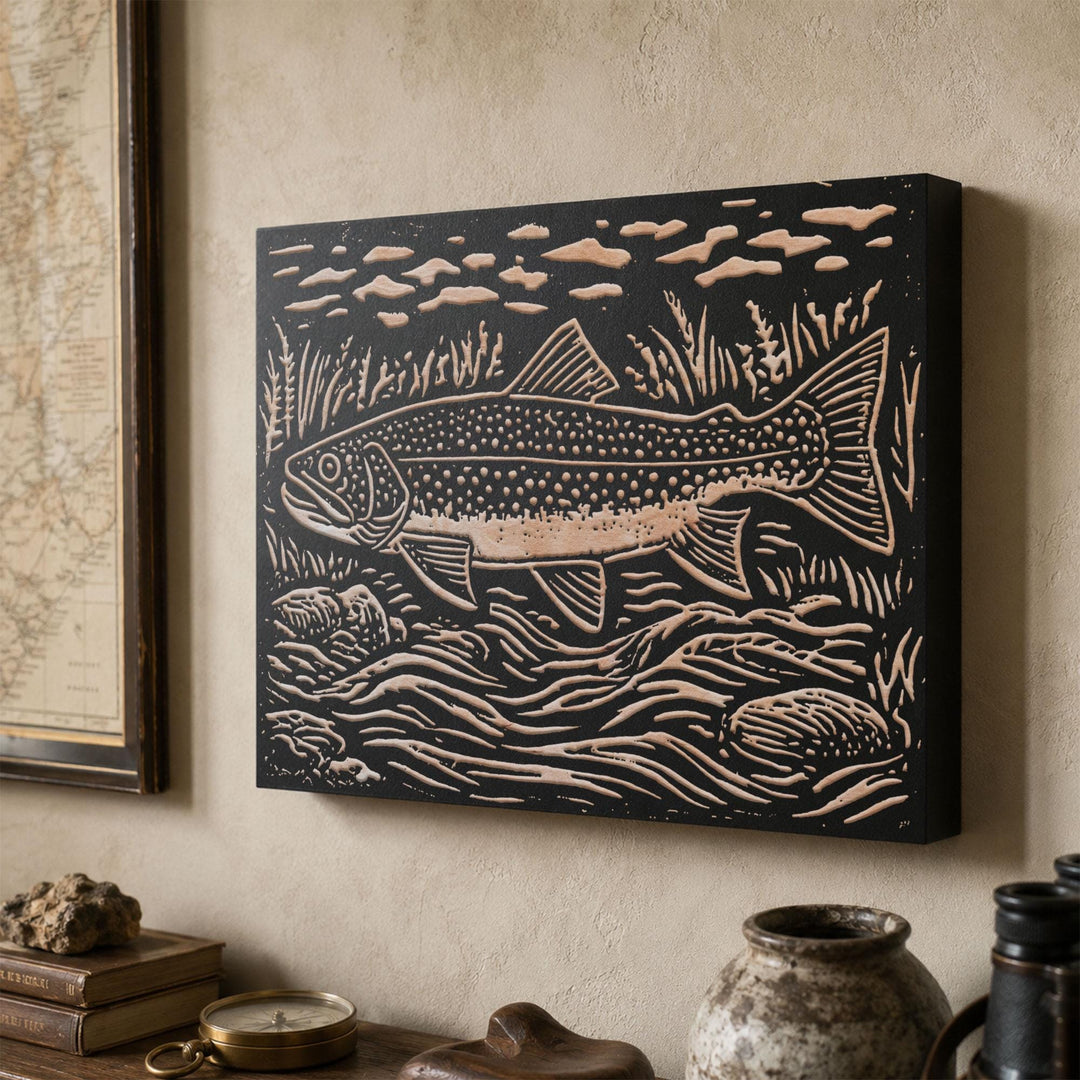 Brook Trout in River Engraved Wood Panel