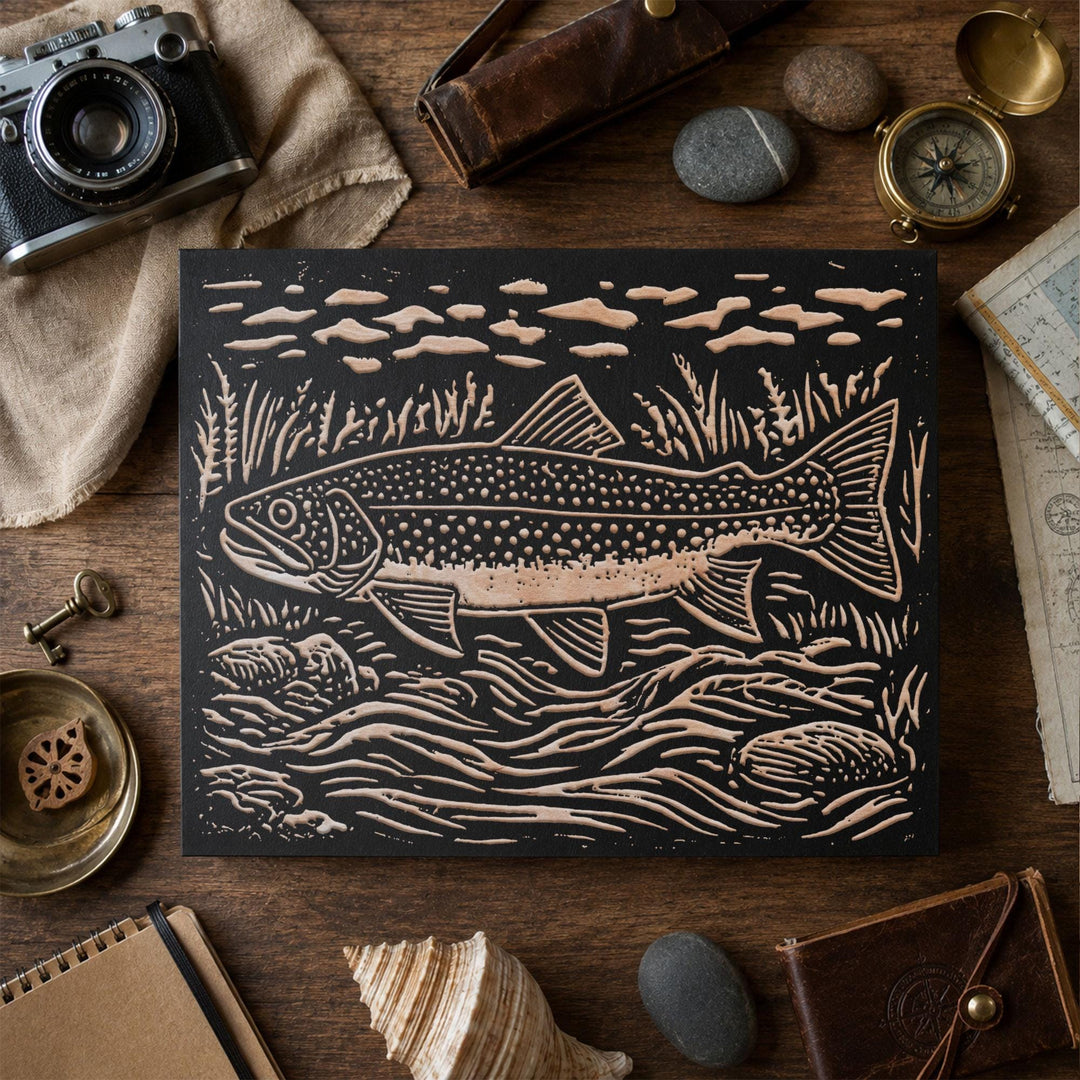 Brook Trout in River Engraved Wood Panel