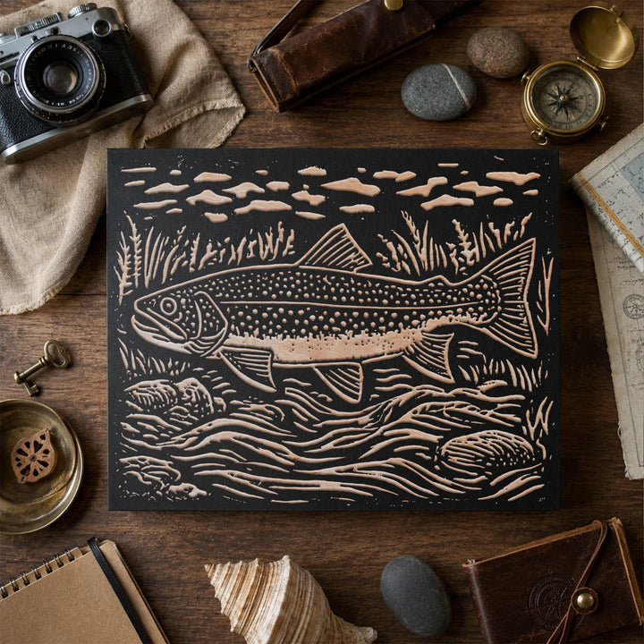 Brook Trout in River Engraved Wood Panel