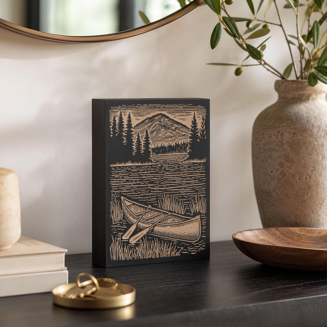 Canoe on Lake Shore Engraved Wood Panel