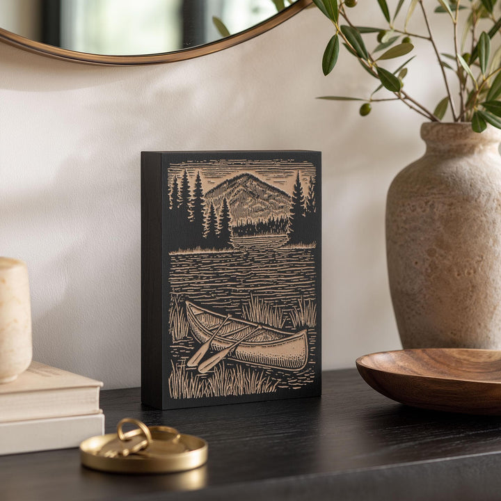 Canoe on Lake Shore Engraved Wood Panel