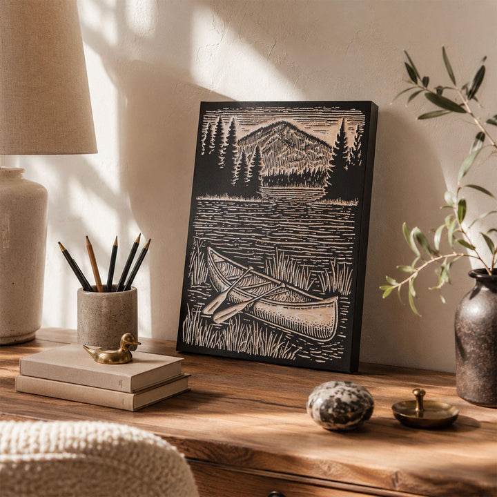 Canoe on Lake Shore Engraved Wood Panel