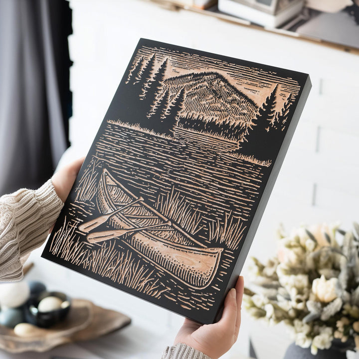 Canoe on Lake Shore Engraved Wood Panel