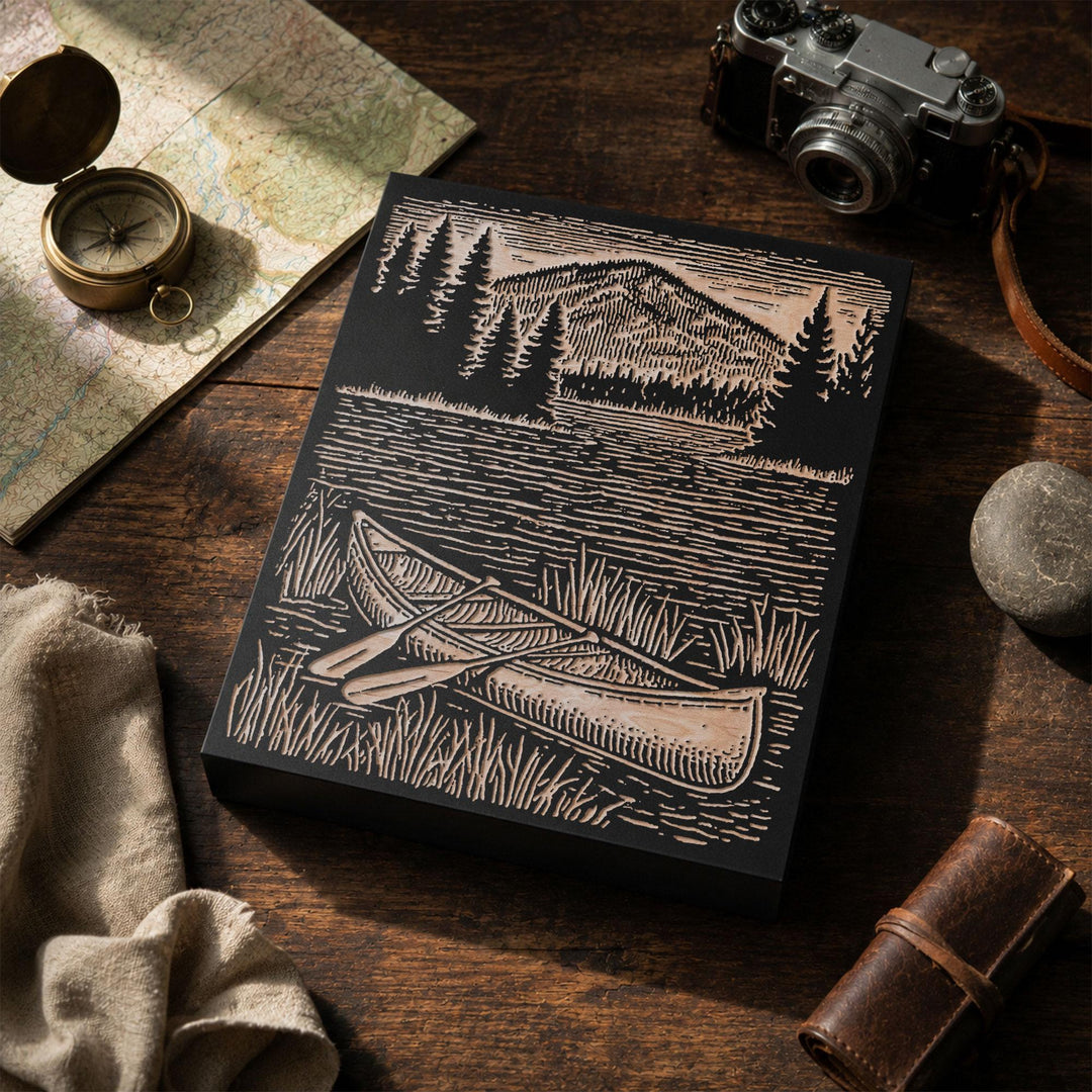 Canoe on Lake Shore Engraved Wood Panel