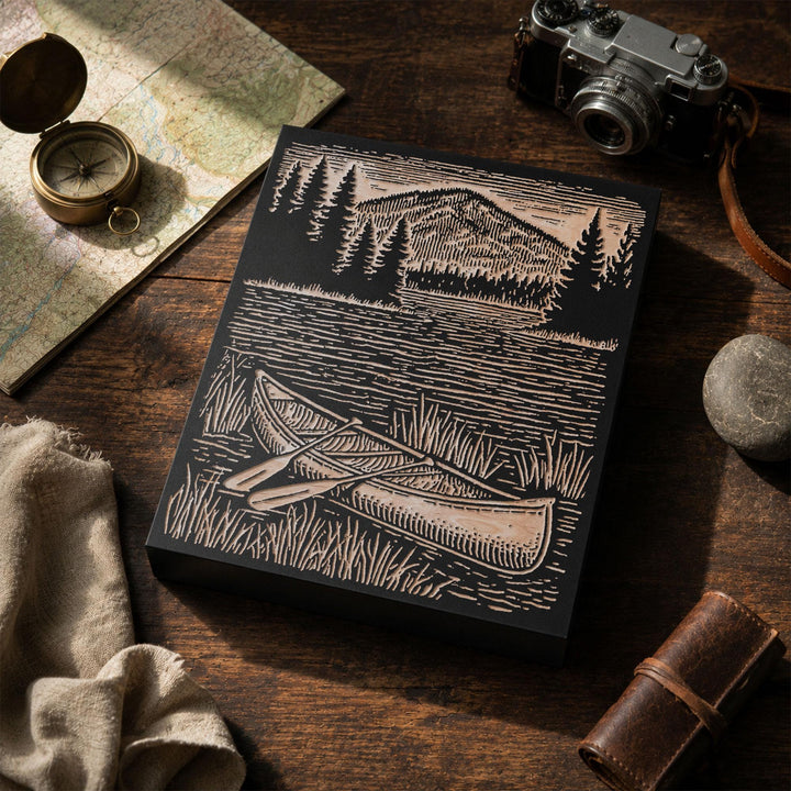 Canoe on Lake Shore Engraved Wood Panel
