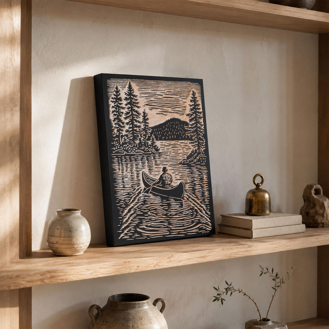 Canoer on Serene Lake Engraved Wood Panel