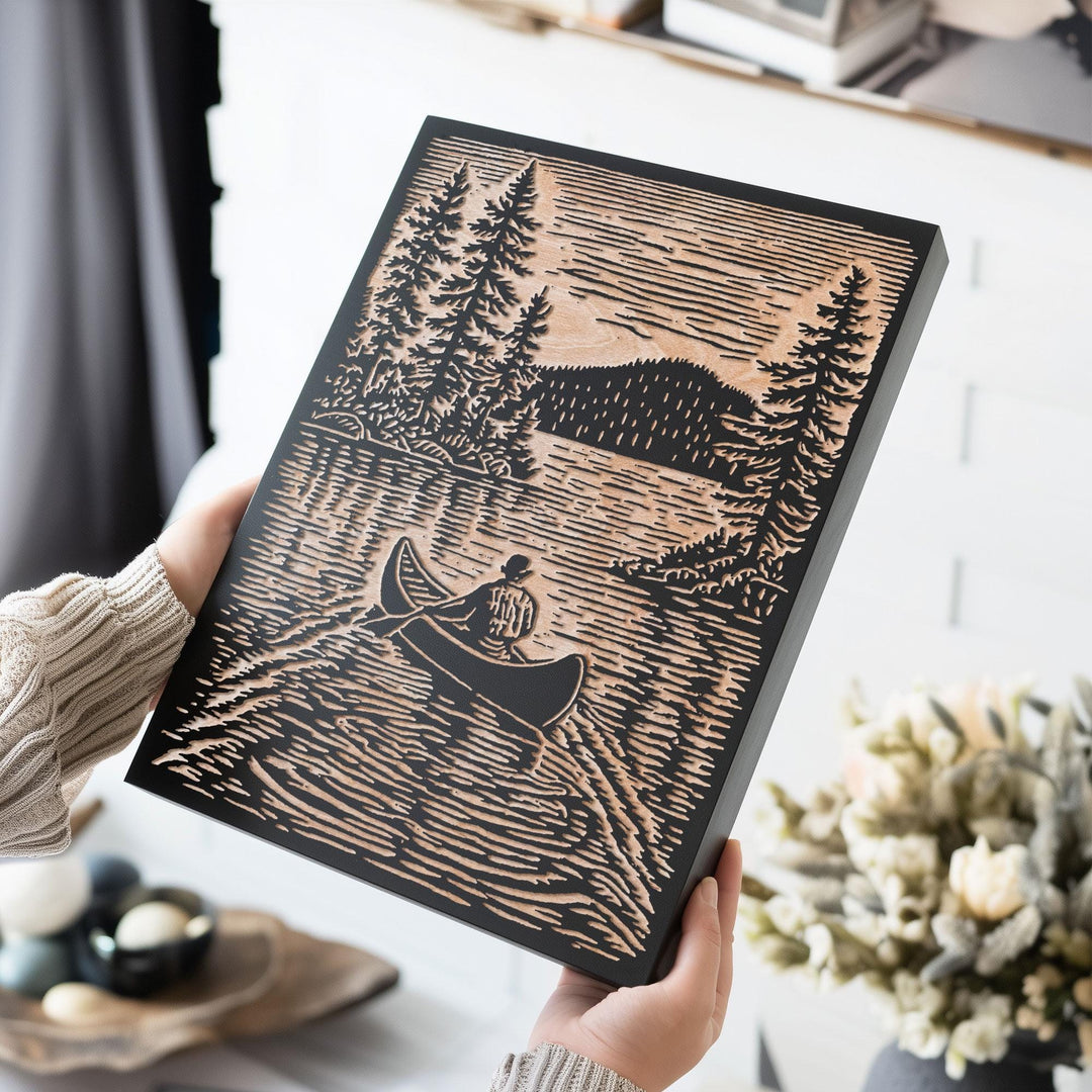 Canoer on Serene Lake Engraved Wood Panel