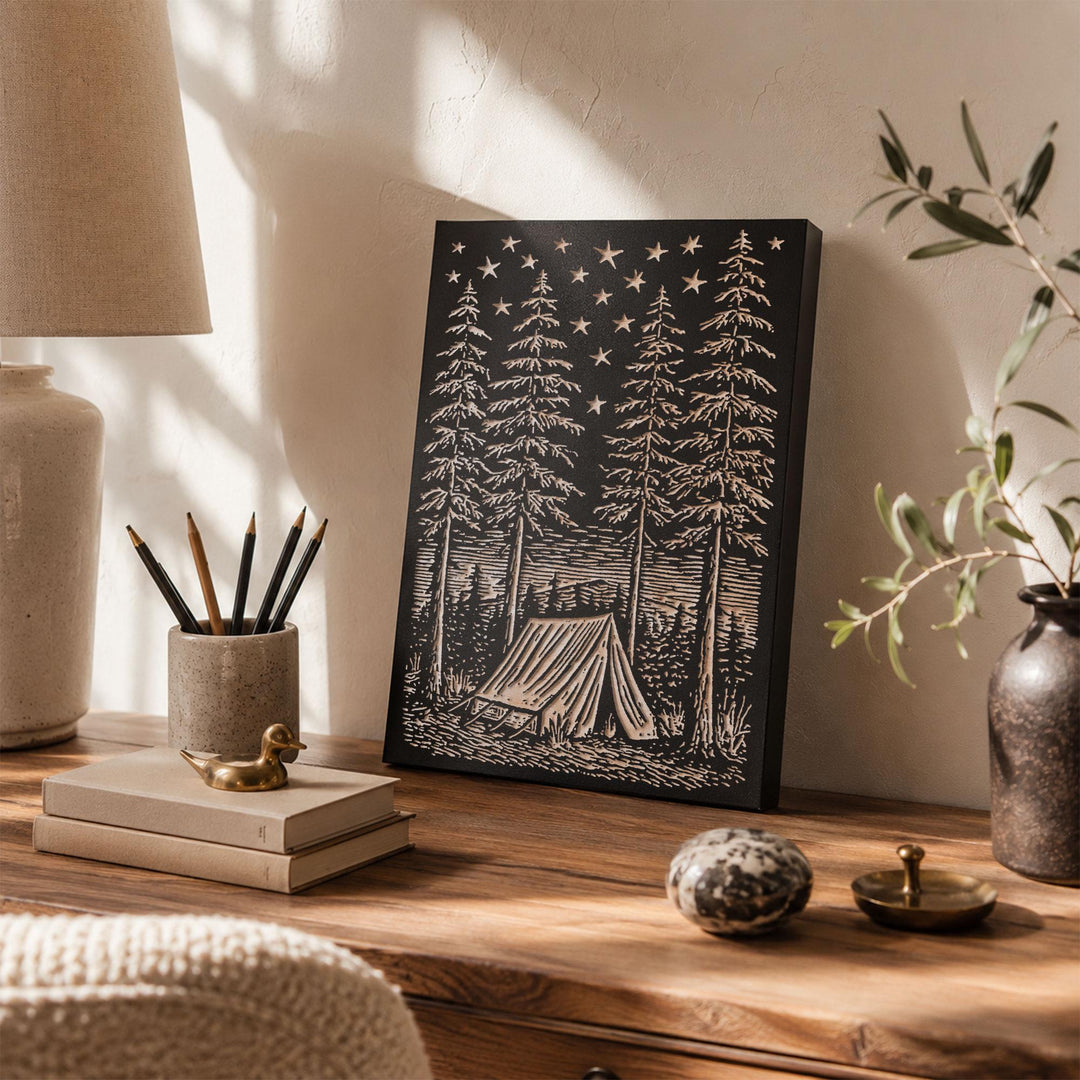 Canvas Tent Beneath Stars Engraved Wood Panel