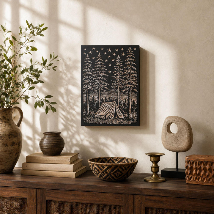 Canvas Tent Beneath Stars Engraved Wood Panel