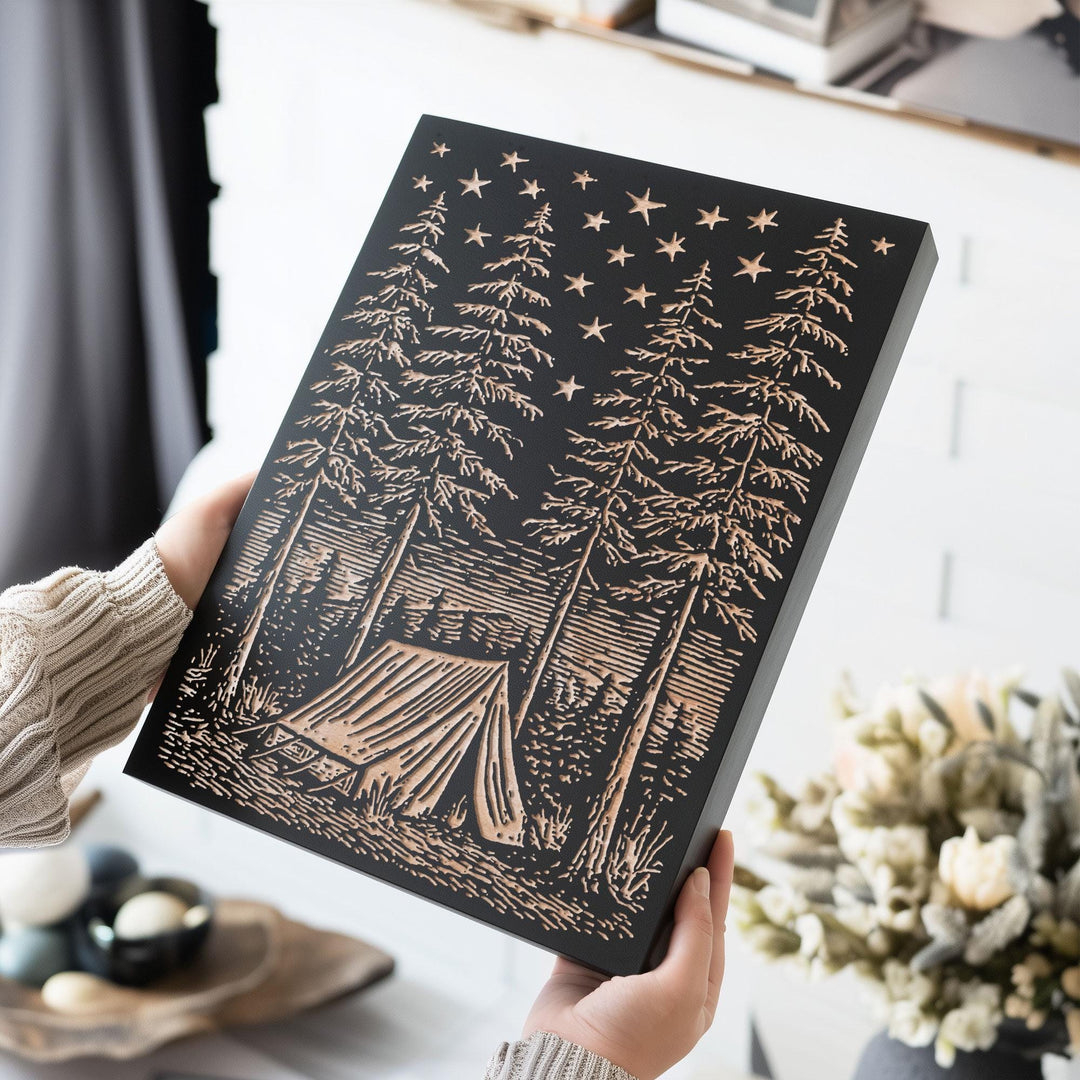 Canvas Tent Beneath Stars Engraved Wood Panel