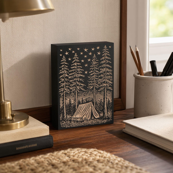 Canvas Tent Beneath Stars Engraved Wood Panel