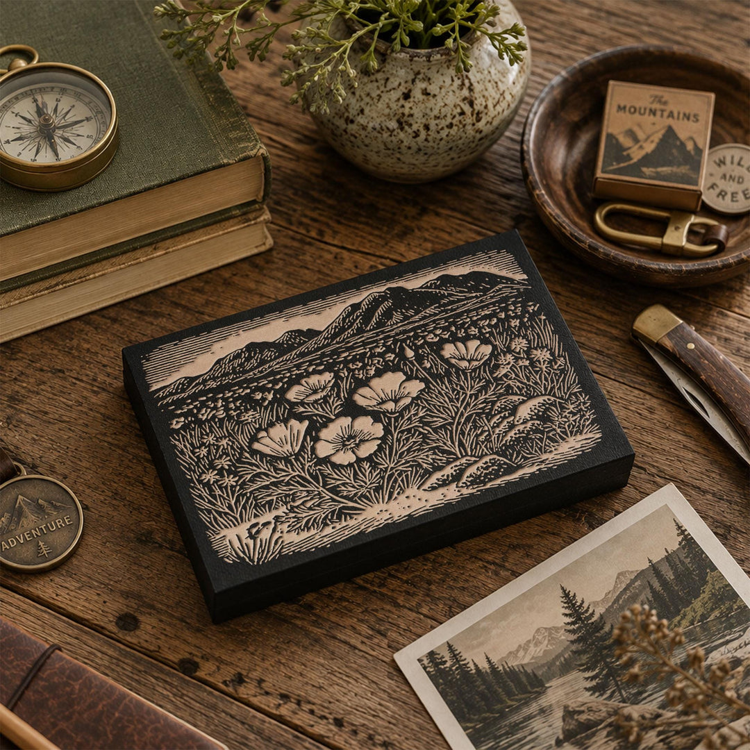 Desert Wildflowers and Poppies Engraved Wood Panel