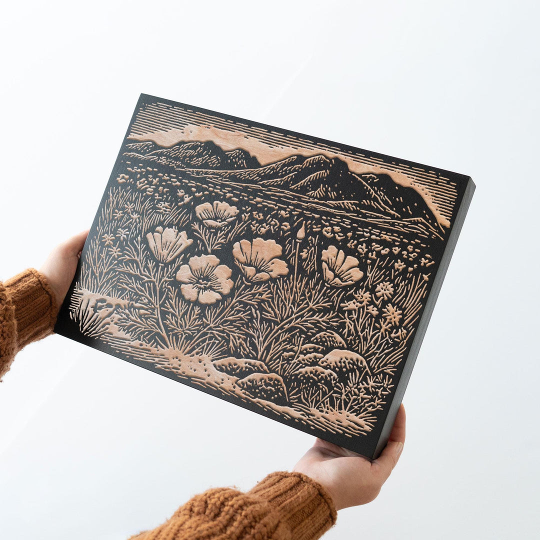 Desert Wildflowers and Poppies Engraved Wood Panel