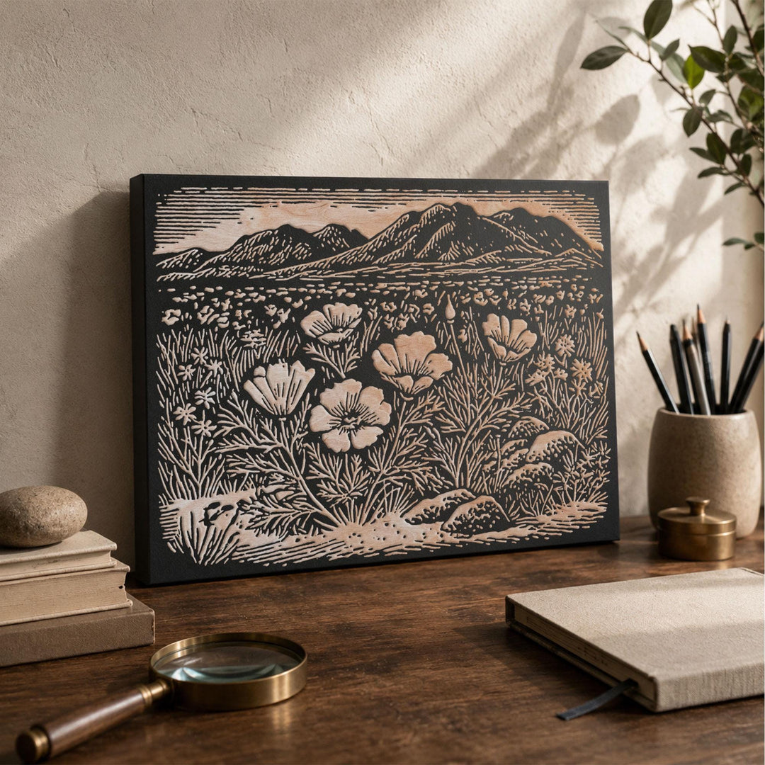 Desert Wildflowers and Poppies Engraved Wood Panel