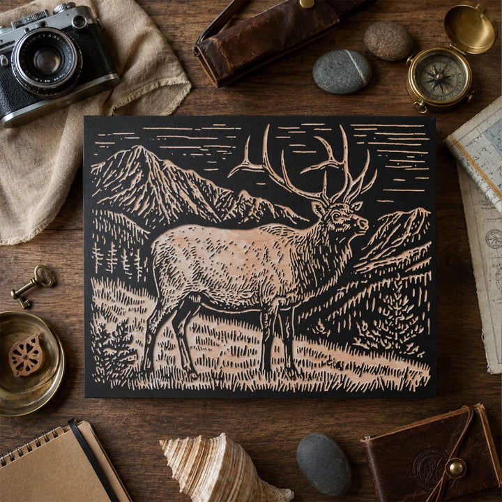 Elk in High Country Engraved Wood Panel