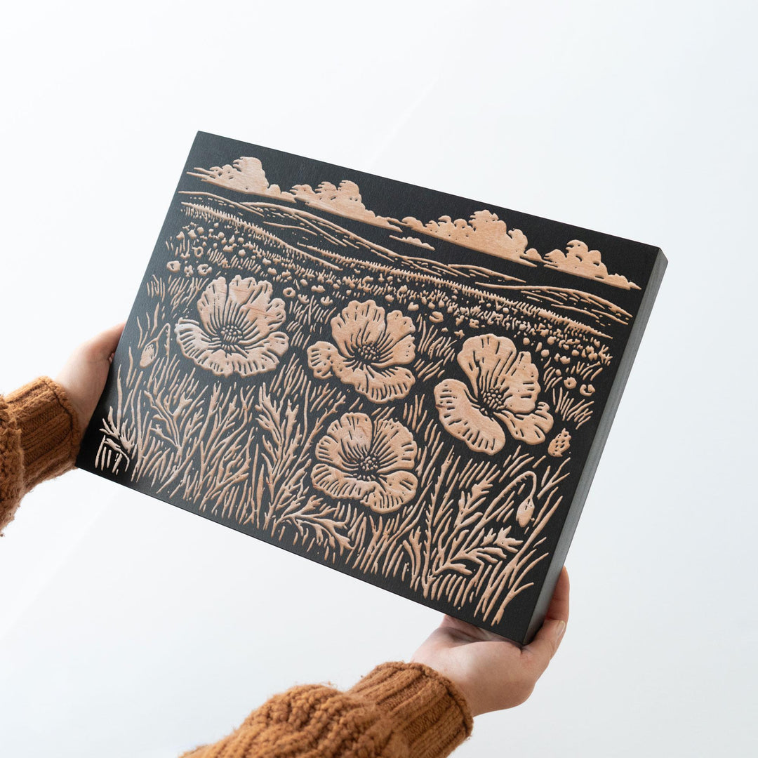 Field of Poppies Engraved Wood Panel